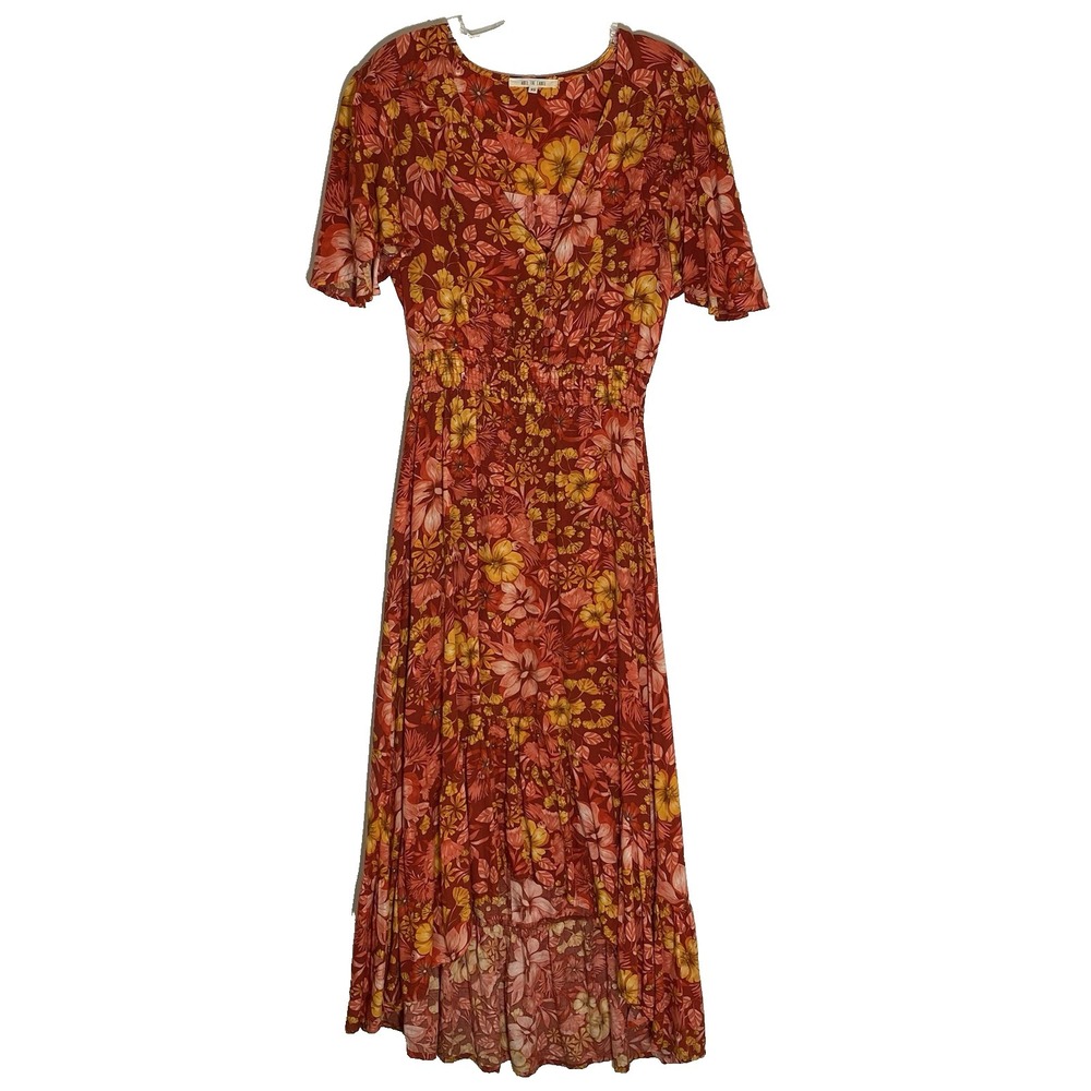 ABEL THE LABEL Maxi Dress Womens XS Orange Yellow Floral Flutter Sleeve Hi-Low